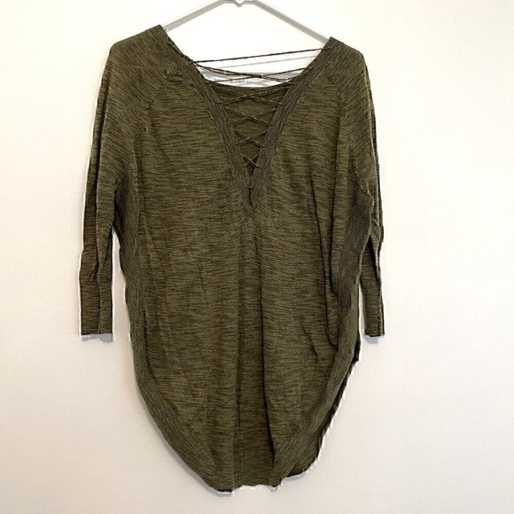 EXPRESS Lace Up Back Circle Hem Sweater Olive Green 3/4 Sleeve Lattice Cotton S - Picture 13 of 16